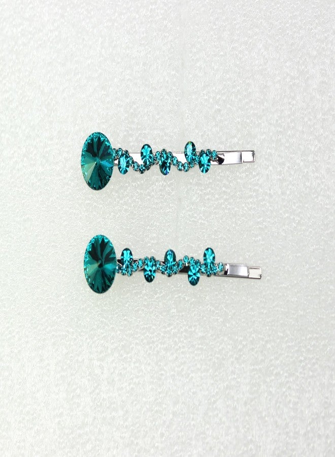 Faship A Pair Of Teal Premium Rhinestone Crystal Rhinestone Floral Hair Clips 2 Pcs Pins - Image 2